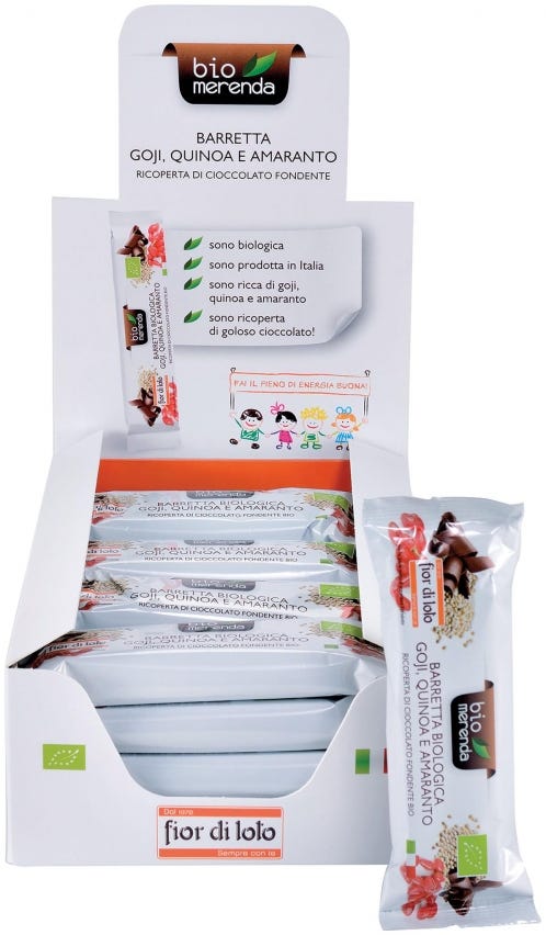 Barretta goji quinoa e amaranto ricoperta di cioccolato